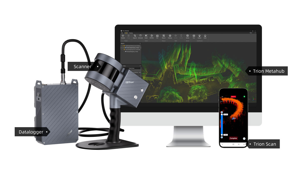 Trion S1 LiDAR 3D Scanner Components: Datalogger, Scanner, Mobile APP - Trion Scan, Web Software - Trion Metahub